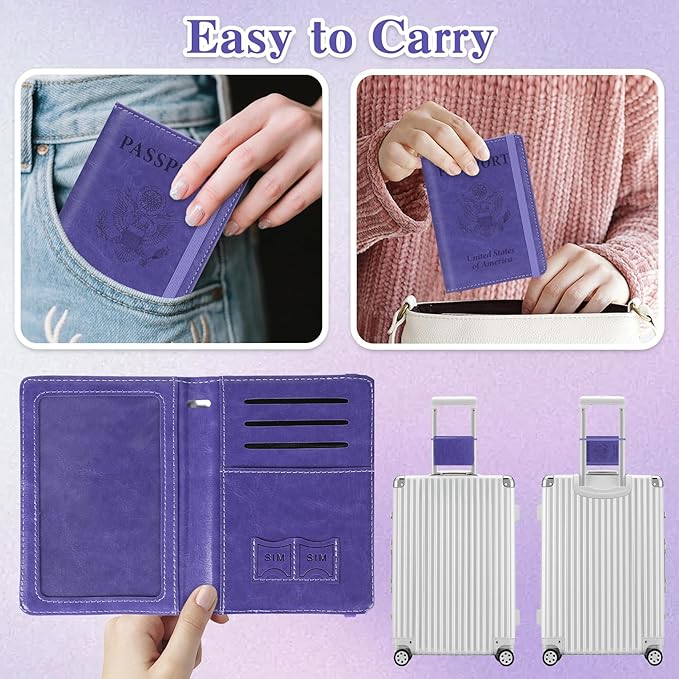 Passport Holder for Travel, RFID Blocking Passport Cover with Pen Holder Leather Passport Wallet Case Travel Must Haves Accessories Passport Book Card Holder for Family Travel Essentials, Dark Purple