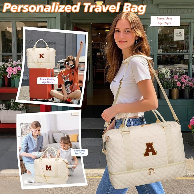 Gifts for Women Initial Travel Duffle Bag Quilted Weekender Bags Carry-On Overnight with Cosmetic Bag, Gym Bag with Shoe Compartment Hospital Bag for Women Labor Delivery, Beige-L