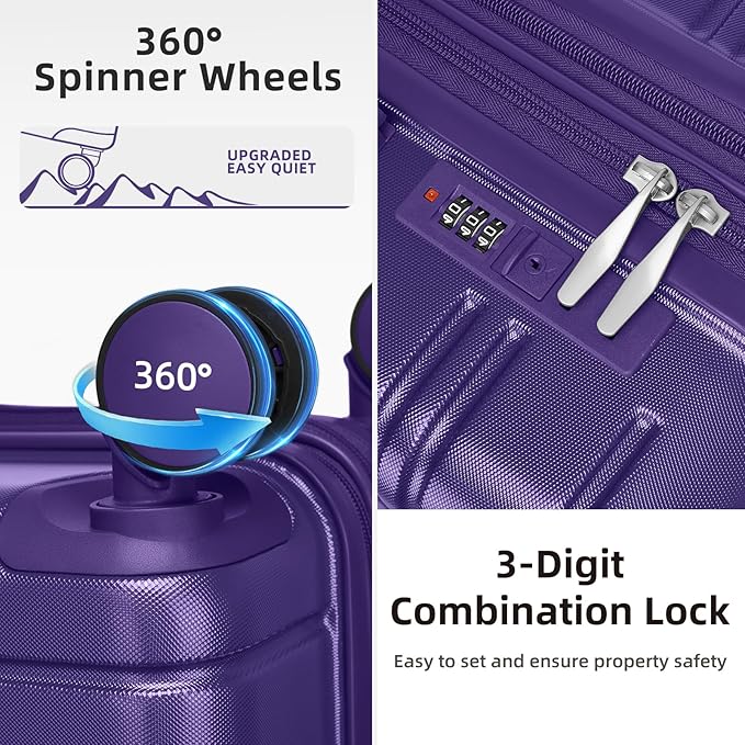 6 Piece Luggage Set Hard Shell - Grape Purple Expandable Suitcases with Spinner Wheels and Duffel Bags for Family Travel, Durable Carry On Luggage Sets with Lock for Women and Men