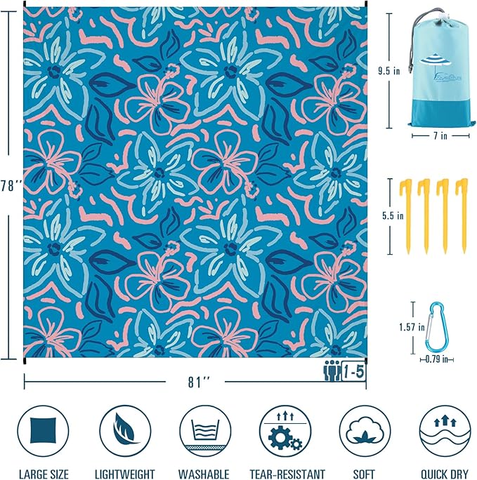 Beach Blanket Sandproof Waterproof 78''×81''1-5 Adults Oversized,Compact Lightweight Durable Beach Mat for Travel Camping Hiking Picnic Blanket