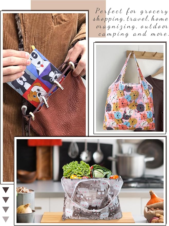 4 Pcs Reusable Grocery Bags, Foldable Shopping Bags Heavy Duty, Large Nano Bag Cute Tote Bag for Daily Shopping, Waterproof and Machine Washable (Animals)