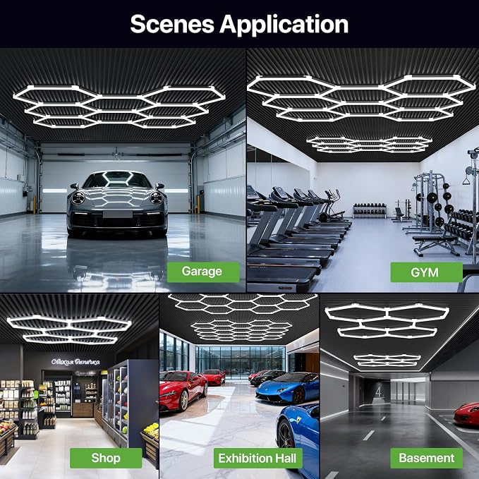 LED Hexagon Lights, 22-Grid 581W 63,910LM 6500K 110LM/W, 100-240V | Hexagon Garage Lights with Honeycomb Design, Ra>80, 6500K Bright Lighting for Garages, Workshops, and Gyms, Easy Install