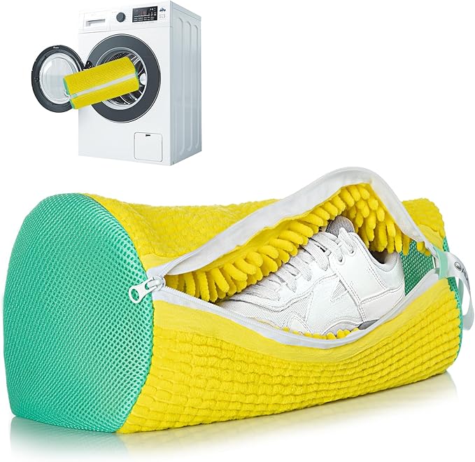 1pc Shoe Washing Machine Bag, Sneaker Laundry Bag for Washing Machine, Extra Long and Thick Microfibre Fluff, Reusable for Washer and Dryer (1pc, Yellowish Green)