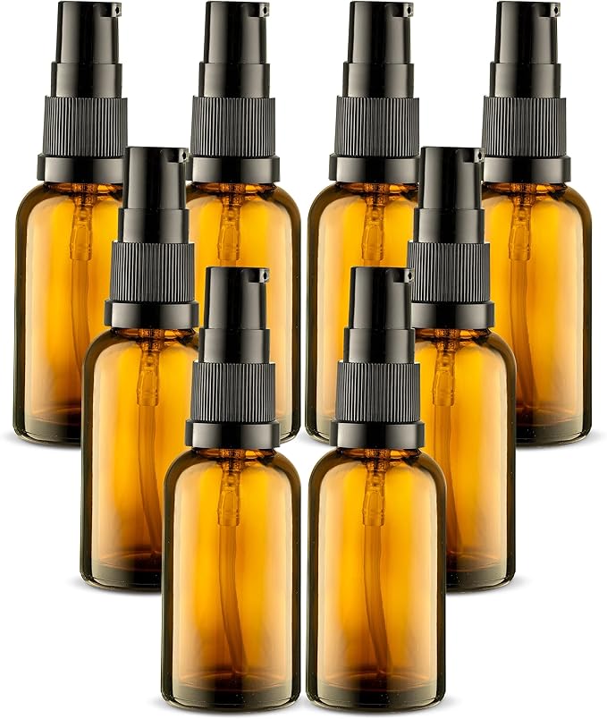 8 Pack Empty Refillable Glass Amber Pump Bottle Ideal for Lotion Cream Essential Oil Travel Small Container, 30ml