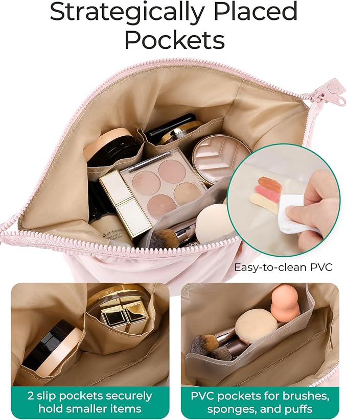 BAGSMART Makeup Bag Travel Makeup Bag, Cute Make Up Bag, Large Capacity Cosmetic Bags for Women, Wide-open Makeup Pouch Travel Essentials Toiletries Accessories Brushes (Black)
