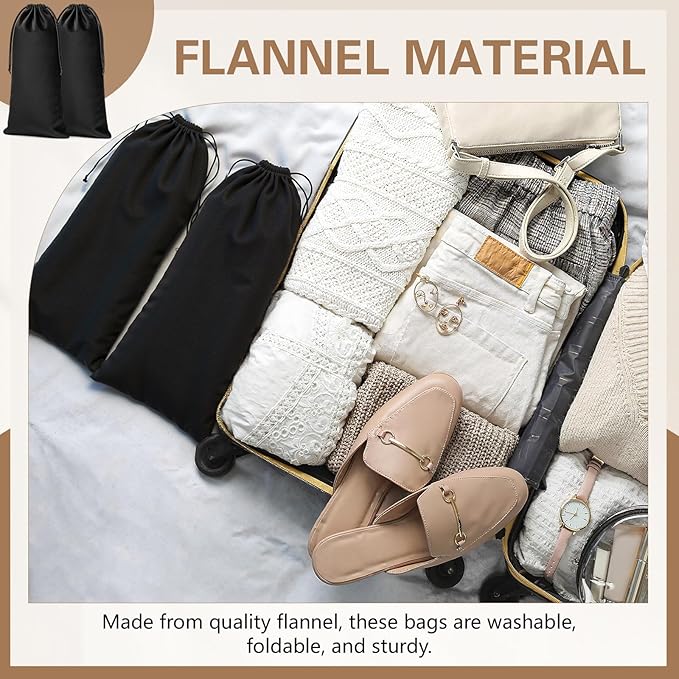 Amylove 4 Pcs Flannel Cloth Shoe Bags for Travel, 8 x 17 Inches Dust Pouch with Drawstring Closure, Washable Breathable Cotton Fabric for Luggage (Black)