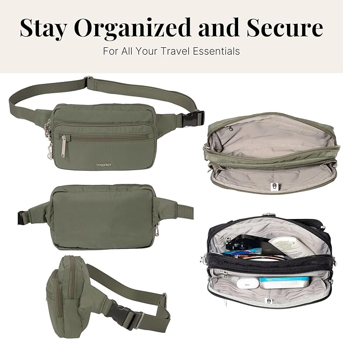 Baggallini Securtex Anti-theft Belt Bag 8.8"x5.5" Crossbody Fanny Pack for Women RFID Wallet Locking Zipper Travel Purse
