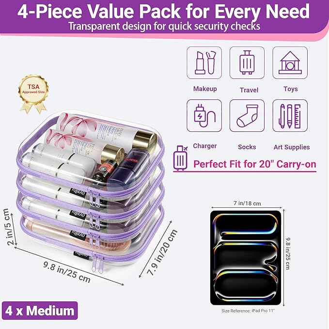 YQBRA 4 Pack Clear Hard Shell Zipper Case, See-Through Hard Plastic Organizer Pouches with Zipper for Travel, Toiletries, Makeup, Toy, Electronics & Pencils - Crush-Resistant Storage (M Purple)