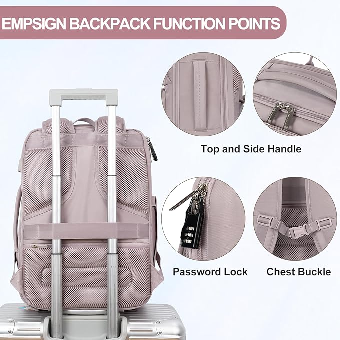 EMPSIGN Carry on Travel Backpack for Women & Men, 17 inch Large TSA Friendly Laptop Backpack with USB Port, Airline Approved Carry On Luggage, Travel Essentials, Weekender Overnight Bags, Grey Pink