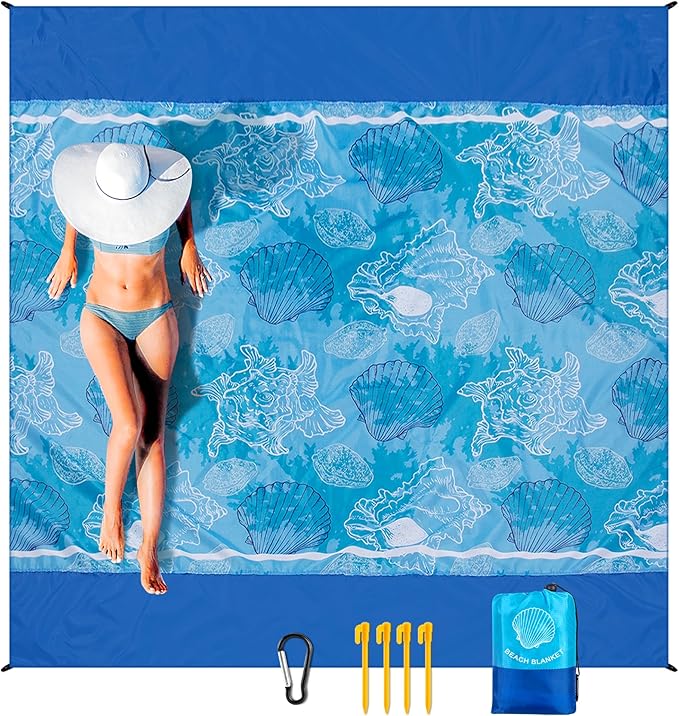 Beach Blanket Sandproof Extra Large Beach Mat Adults Waterproof Quick Drying Sand Free Mat Made by Premium Polyester with 4 Stakes & 4 Corner Pockets for Outdoor Travel Camping Hiking