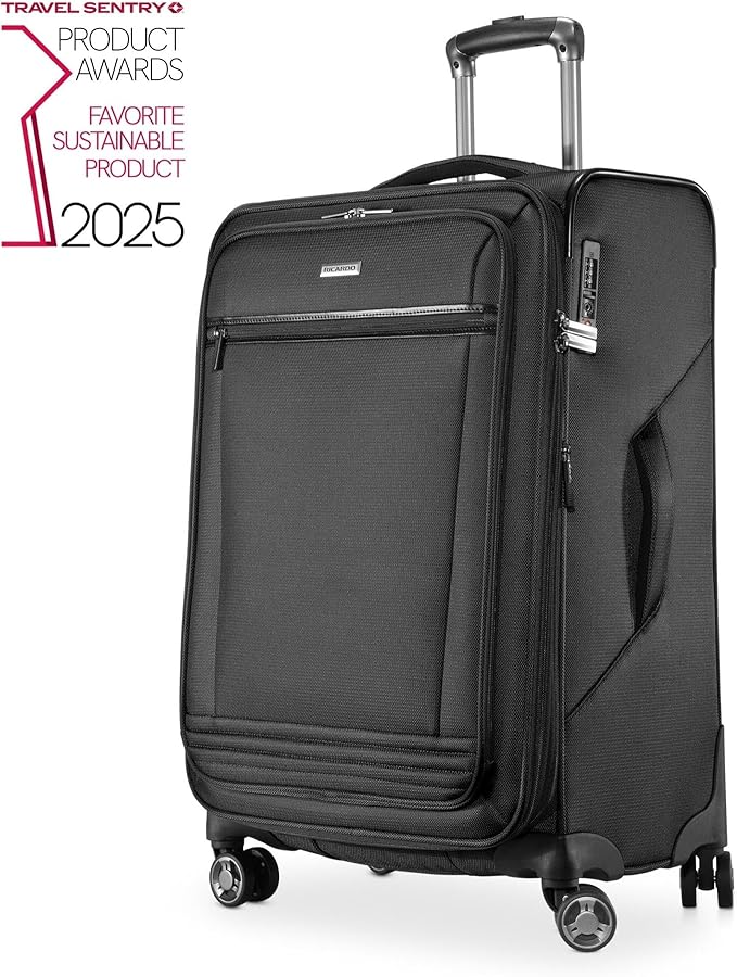 Ricardo Beverly Hills Avalon Softside 2-Piece Luggage Set Made with Sustainable 100% Recycled PET (rPET), Lightweight, Eco-Friendly Travel, Expandable, Dual Spinner Wheels, Black, (20" & 24")