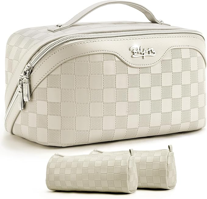 BOYATU Travel Makeup Bag Organizer: 3 Pcs Set Large Capacity Cosmetic Bags Holds 10–20 100ml Full-Size Bottles - 180°Open-Flat Make up Case 3-sec touch-up - Toiletry Bag Gift women (01-D-Beige)