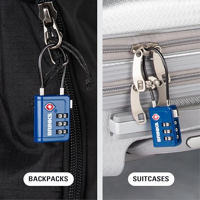 Brinks TSA Accepted Indicator Luggage Lock, Blue - Resettable 3-Dial Combination, 1.5 inch Long Cable Shackle, New More Secure Key, 2 Pack