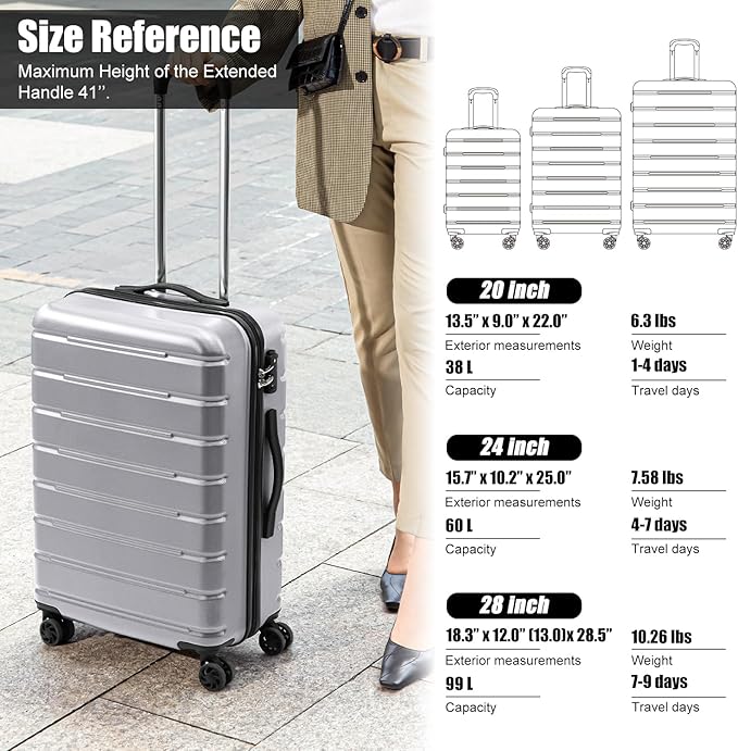 Coolife Luggage Suitcase Carry-on Spinner TSA Lock USB Port Expandable (only 28’’) Lightweight Hardside Luggage (Silver, L(28in))