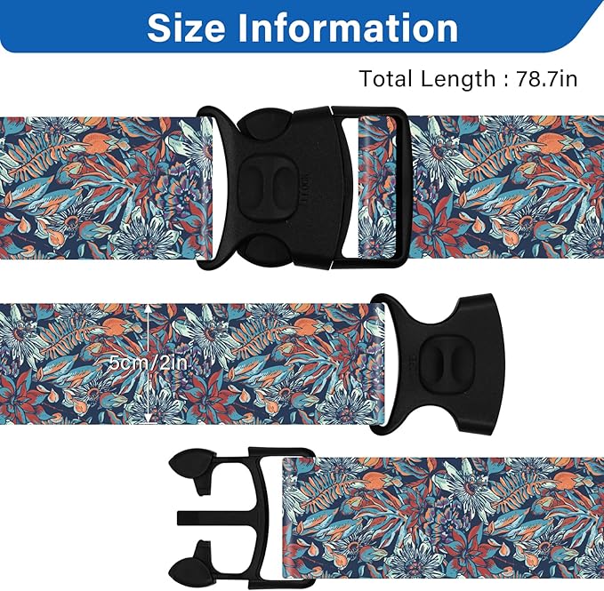 Luggage Straps for Suitcases, Travel Adjustable Belt with Quick Release Buckle, Heavy Duty Nylon Bag Packing Strap, Unique Bright Identifiers Business Travel Accessories (2 Pack) - Blue Flowers