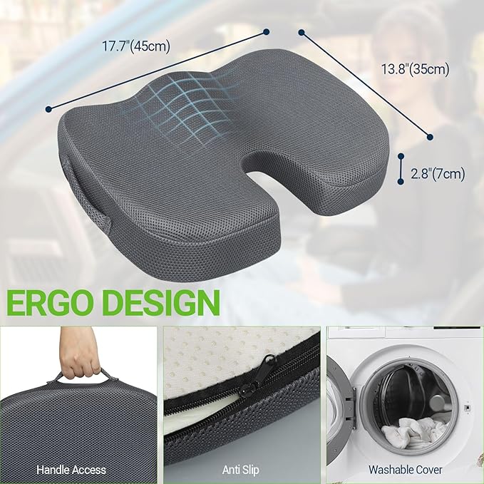 Season Guard Gel Seat Cushion – Office Chair Cushion – Non-Slip Gel Memory Foam Coccyx Cushion for Tailbone Pain - Desk Chair Car Seat Cushion Driving - Sciatica Back Pain Relief, Mesh, Grey