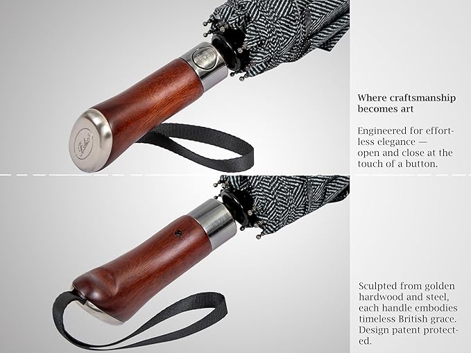 Balios (Designed in UK) Travel Umbrella Luxurious Golden Hardwood Handle Auto Open & Close Windproof Frame Single Canopy Automatic Folding Umbrella Men's & Ladies