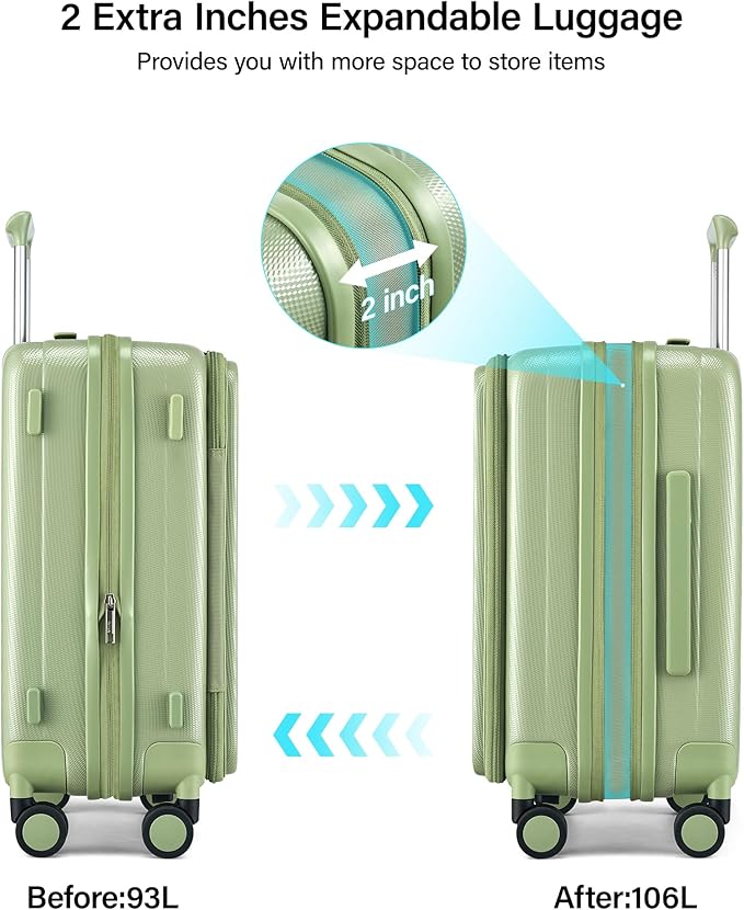 Hanke 26 Inch Expandable Luggage Top Opening Checked Bag Luggage Hard Shell Suitcases with Wheels Lightweight Travel Luggage Heavy Duty Luggage Suitcase with Lock for Woman Men-Bamboo Green
