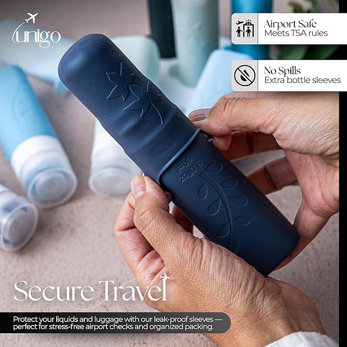 unigo Silicone Travel Bottles Set for Toiletries, Airplane Approved TSA Carry On Size, BPA Free Leakproof Refillable Squeeze Containers with Labels, Cleaning Brush and Covers (Blue)