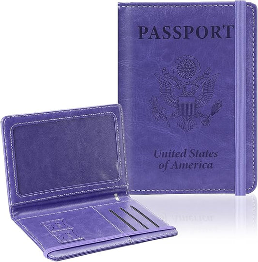 Passport Holder for Travel, RFID Blocking Passport Cover with Pen Holder Leather Passport Wallet Case Travel Must Haves Accessories Passport Book Card Holder for Family Travel Essentials, Dark Purple