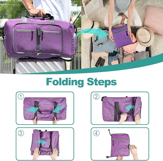 Dimayar 65L Travel Duffle Bag for Men Women - Foldable Duffel Bag with Shoes Compartment - Overnight Bags Waterproof & Tear Resistant(Purple)