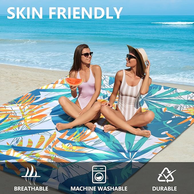 Beach Blanket Waterproof Sandproof Beach Mat for 1-8 Adults Quick Drying Durable Outdoor Picnic Mat for Beach Festival Travel Camping Hiking (W&GN&Y-Palm, 79"×83"(4 Person))