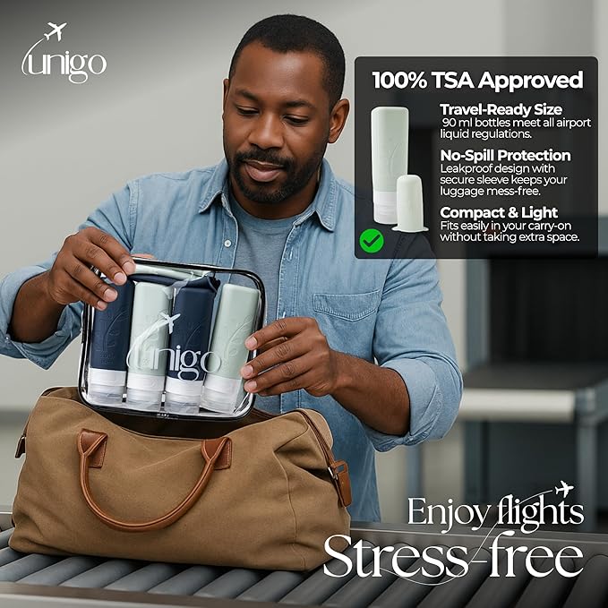 unigo Travel Bottles Set for Toiletries - Leakproof Refillable Travel Size Containers, TSA Approved Bottles with Labels, Brush & Covers for Carry-On Travel (White,Black)