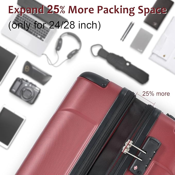 24 Inch Checked-Large Luggage, Lightweight ABS Hard Shell Suitcase with Spinner Wheels, Expandable Travel Luggage with Combination Lock & Side Hooks for Men Women, Red