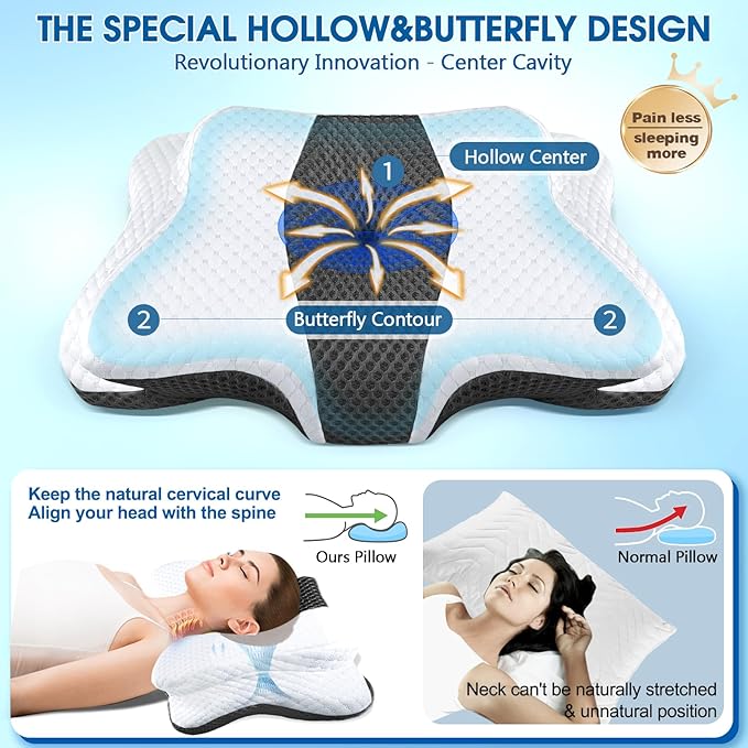 Cervical Neck Pillow for Pain Relief Sleeping, Memory Foam Pillows, Ergonomic Side Sleeper Pillows for Adults, Orthopedic Neck Support Pillow for Back Stomach Sleepers-King Size&Dark Grey