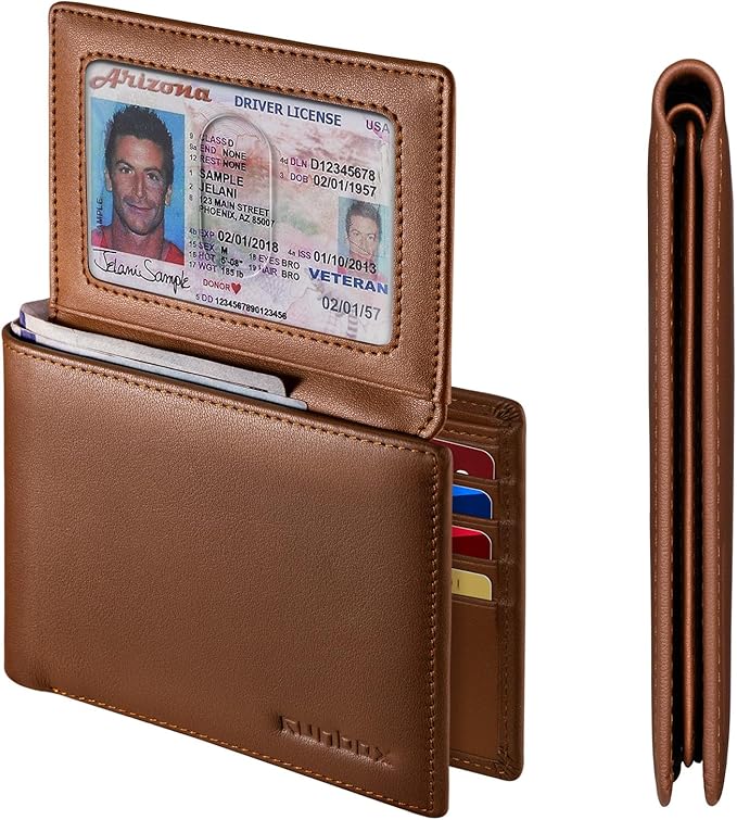 RUNBOX Leather Wallet for Men, Genuine Leather Mens Wallet Bifold Rfid Blocking with 12 Cards and 2 ID Windows, Minimalist Wallet for Men with Gift Box