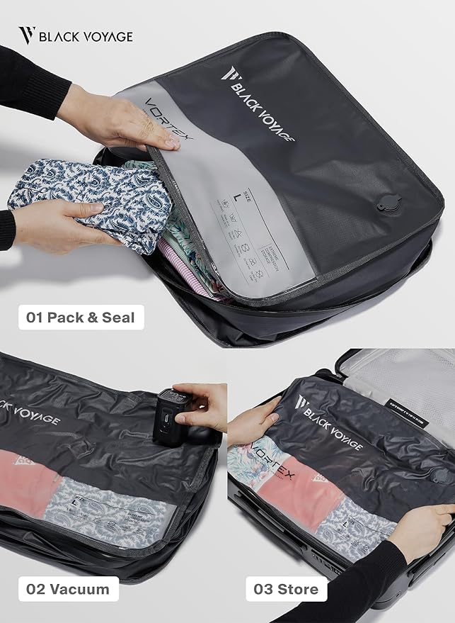 Black Voyage Reusable Vacuum Compression Travel Bag for Carry-On Suitcase and Backpack, Recycled IP67 Waterproof Space Saver Vacpack (2-Pack, 41L - Pump Included)