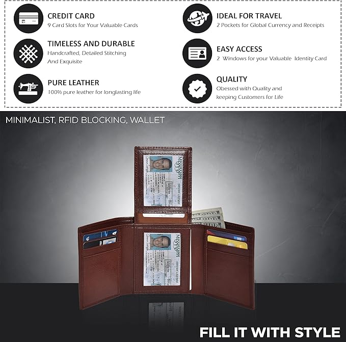 Real Leather Mens Trifold Wallet RFID Blocking Slim Minimalist Front Pocket - Thin & Stylish with ID Window in Gift Box