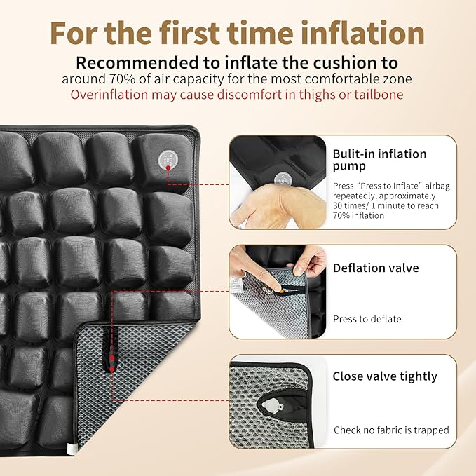 Air Inflatable Travel Seat Cushion with Built-in Pump & Carry Bag– Portable & Adjustable for Airplane, Car, Office – Coccyx, Sciatica & Tailbone Pain Relief (Black)