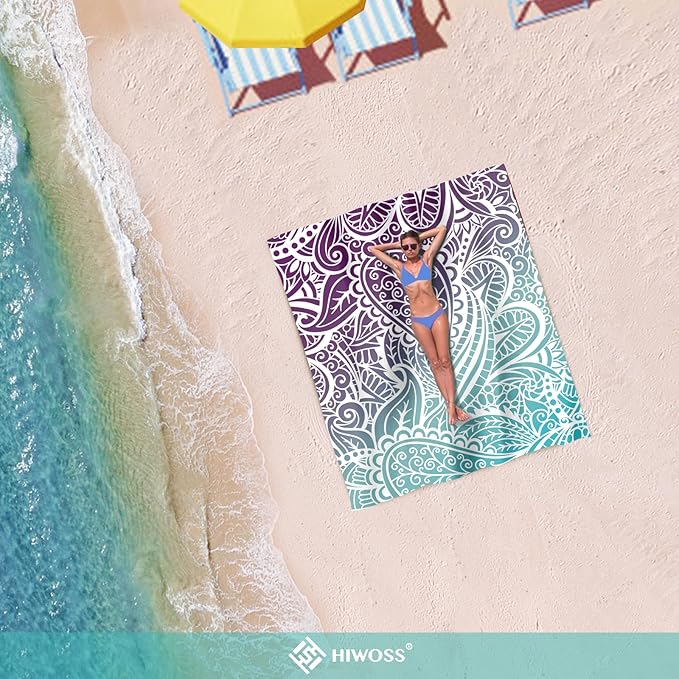 Beach Blanket Waterproof Sandproof Oversized 95”x 80”,Sand Free Beach Mat with Corner Pockets,Portable Mesh Bag for Beach Festival,Picnic,Travel and Outdoor Camping (Ombre Purple Blue)