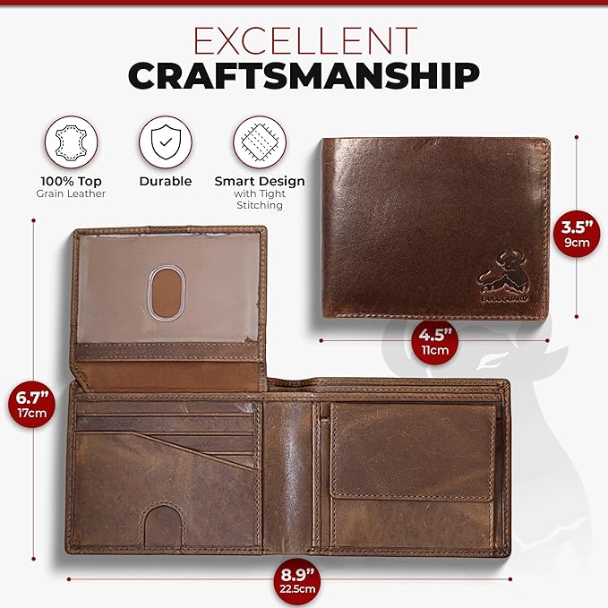 Mens RFID Blocking Bifold Wallet Supple Top Grain Leather Secure and Durable Extra Capacity Billfold with 11 Credit Cards Slots, Flip Up ID, Tight Stitching, Quick Thumb Push Access in Grizzly Brown