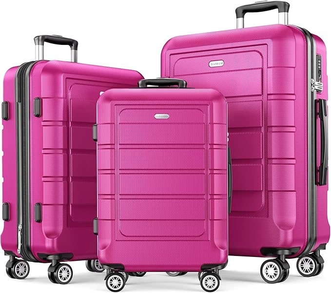 SHOWKOO Full PC Hardshell Luggage Sets, 20/24/28 In Suitcase with TSA Lock & Spinner Wheels, Lightweight Durable Travel Luggage Megenta