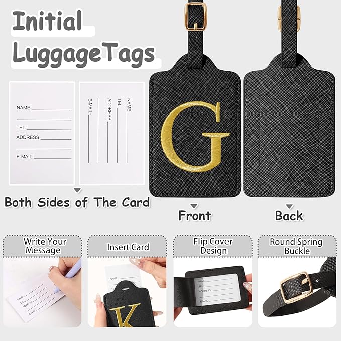 Initial Luggage Tags for Suitcases, Cute Embroidered Letter Luggage Bag Suitcase Identifier Name Baggage Tag, PU Leather Travel Luggage Tags, Bag Tags for Men Women Kids Luggage Handbags(Black G)