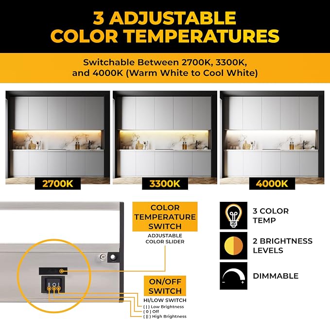 LED Under Cabinet Lighting Hardwired - 12 Inch Satin Nickel | 3CCT, Dimmable, Low-Profile, Linkable Fixture, Plug-In Option & Hi/Low Brightness Control