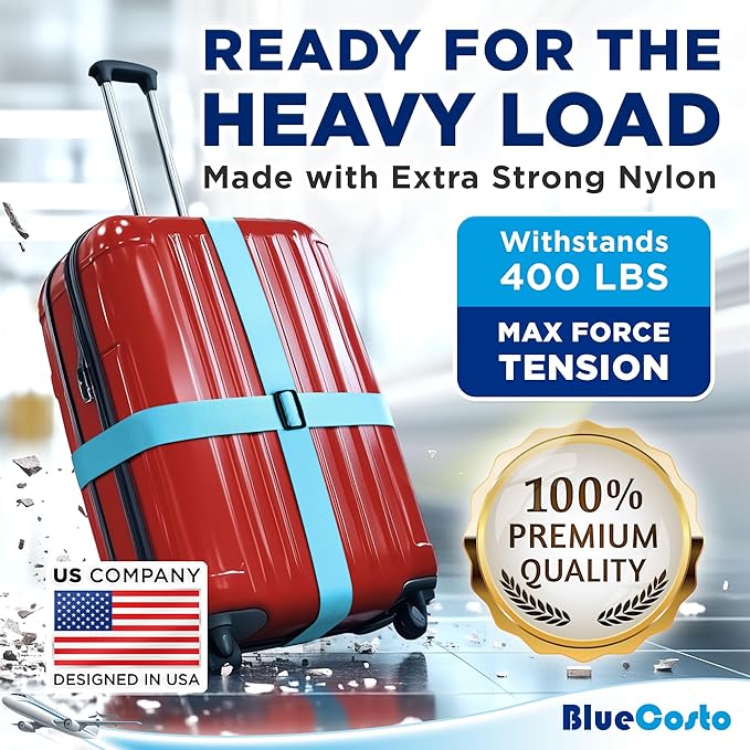 Luggage Straps for Suitcases - TSA Approved - Blue, 4 PK - Premium Nylon Belts for Suitcase, Briefcase & Travel Bag - Adjustable Strap Length 46" - 78"