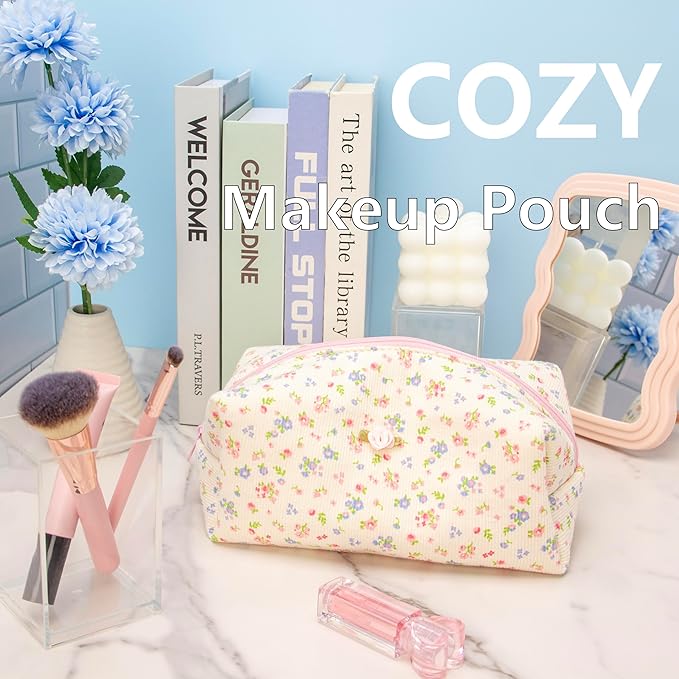 PAZIMIIK Cozy Makeup Bag Travel Cosmetic Bag for Women Soft Toiletry Bag Aesthetic Makeup Organizer Portable Large Zipper Pouch for Skincare Beauty Accessories Brushes Ribbing Floral Beige