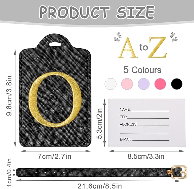 Initial Letter Luggage Tags for Suitcases, Personalized Embroidered Letter Luggage Bag Suitcase Identifier Name Tag, Cute PU Leather Travel Luggage Tags, Bag Tags for Luggage Handbags(Black O)