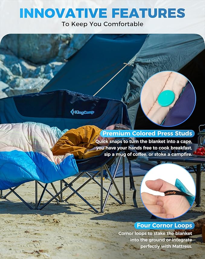 ingCamp Ultralight Camping Blanket, Packable Down Alternative Puffy Printed Wearable Blanket with Snap Buttons & Corner Loops Weatherproof Quilt for Outdoor Travel Stadium (78.7" x 57.1", Cyan/Orange)