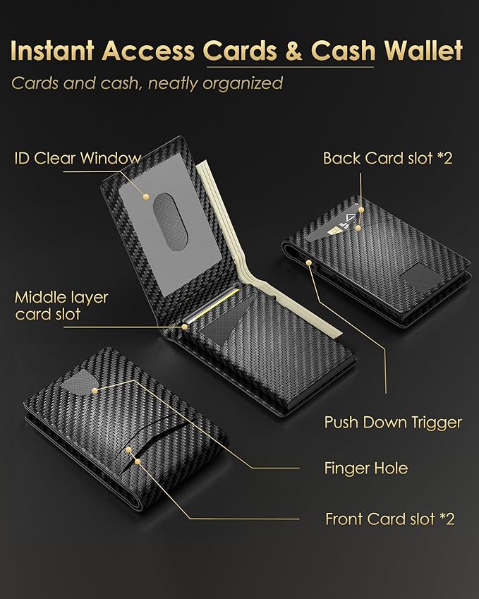 2026 Wallet for Men - RFID Blocking [Functional & Practical] Bifold Slim Minimalist Credit Card Holder Pop Up Wallet Metal Case with Cash Slot, Front Pocket with ID Window, Gift Boxed (Carbon Fiber)