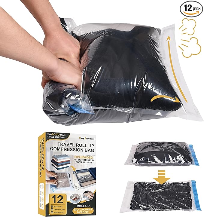 Cozy Essential Compression Bags for Travel - Travel Essentials - 12 Pack Space Saver Plastic Packaging Bags - No Vacuum Needed - Compression Packing Bags for Cruise Accessories