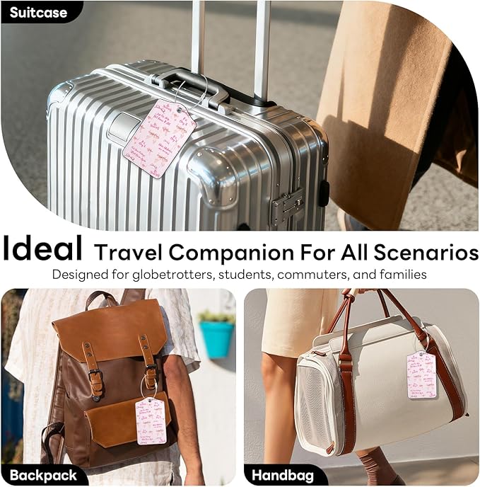 2 Pack PU Leather Luggage Tags for Suitcases, Privacy Protection Cover with Stainless Steel Loop and Address Card, Travel Cruise Essentials (Pink Bow)