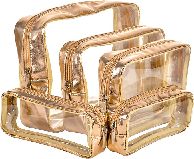 TSA Approved 5-Piece Diaper Bag Organizer Pouch Set Clear Waterproof TPU Kids Toiletry Storage Set Travel Packing Clutch Cube Bags for Baby Nursing(Gold leather)
