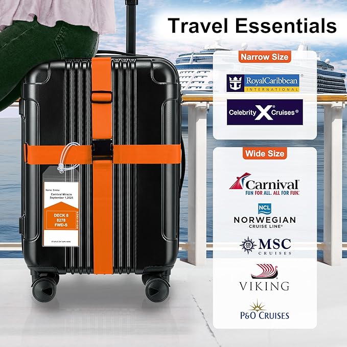 8 Pack Luggage Straps and Cruise Luggage Tags Set (4 Straps, 4 Wide Tags), Luggage Straps for Suitcases TSA Approved Suitcase Tags, Orange