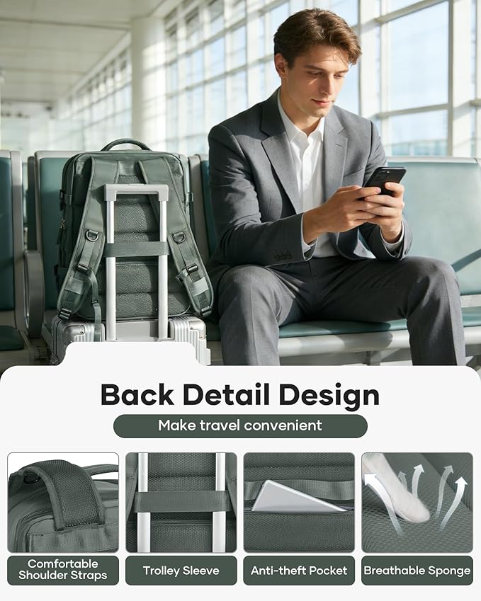 VECAVE Vacuum Backpack Travel with Pump, Expandable Personal Item Carry on Backpacks for Women Men, Laptop Waterproof Work Compression bags with USB Casual Daypack Green