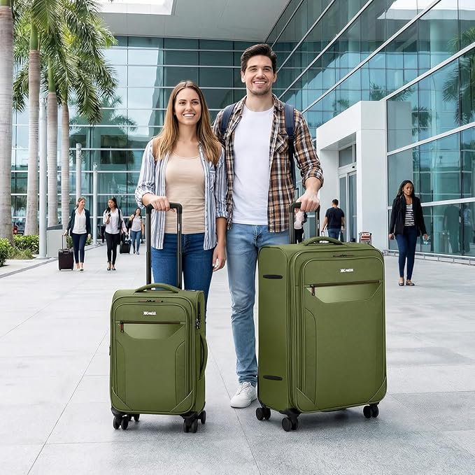 2PCS Set（22in/32in）Softside Luggage Sets w/ Spinner Wheels,Expandable 20% Luggage w/TSA LOCK,Upright Spinner Softshell,Lightweight Durable Rolling Travel Luggage Set for Men/Women（Green,22in/32in）