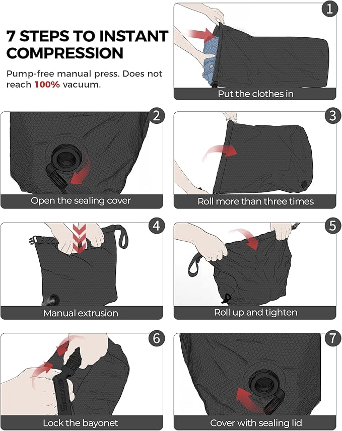 Travel Laundry Bag, Pump-free Vacuum Compression Dirty Clothes Bag, Large Reusable Waterproof & Washable Laundry Bag, Wet and Dry Bag, Ideal for Suitcases, Cruise Essentials (1 Pack) Black